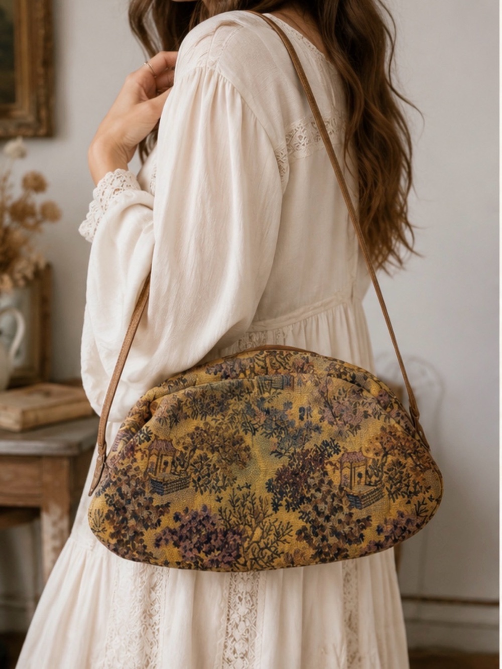Vintage Daffodil USA Tapestry Crossbody Purse Cottagecore Scenic Woven Handbag